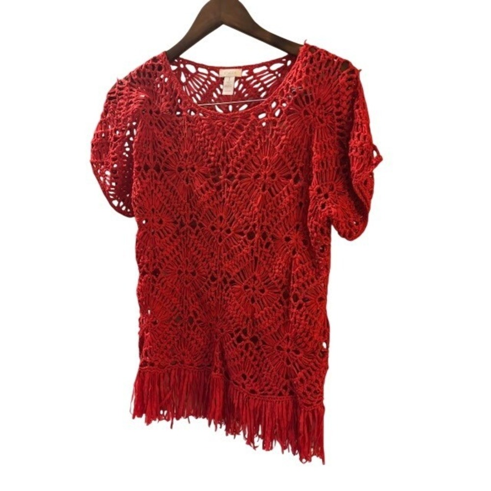 Chico's Red Crochet Knit Fringe Hem Short Sleeve Boho Top Size 1/Medium